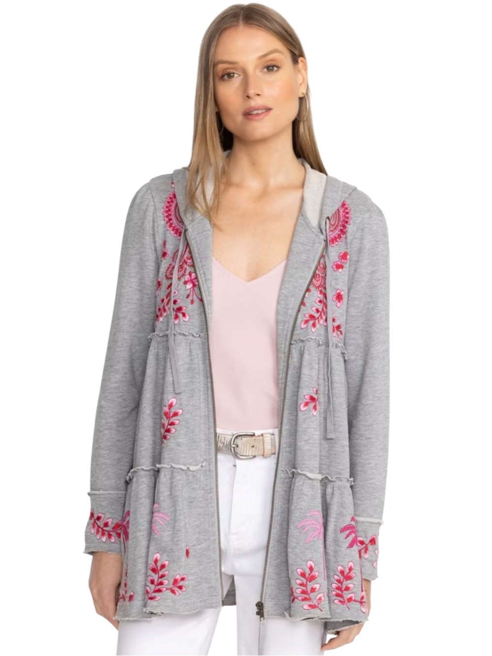 Johnny Was Cassia Tiered Embroidered Hoodie Light Heather L NWT